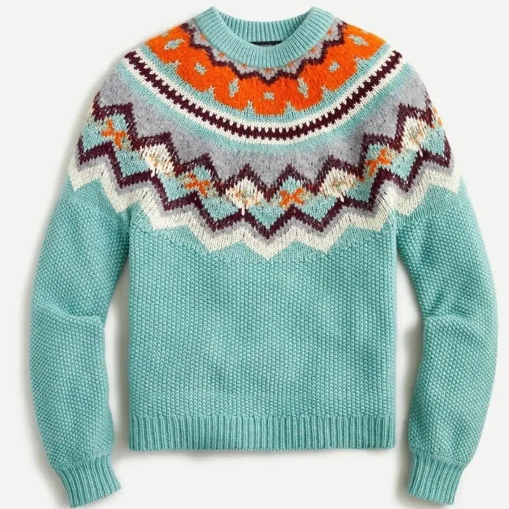 J.Crew Zigzag Fair Isle Sweater Lambswool Blend In Aqua Women's XXS - Picture 1 of 8
